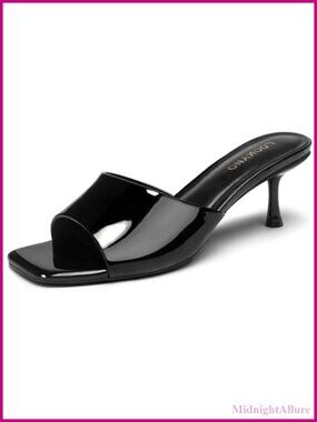 Kitten Heel Sandals Square Toe Open Toe Mules Patent Leather